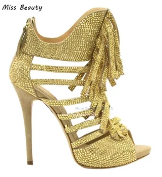 Пикантные желтые ремешки с вырезами из кристаллов, молния сзади, Босоножки на тонком высоком каблуке с открытым носком и кисточками, женские летние модельные туфли с ремешком на щиколотке