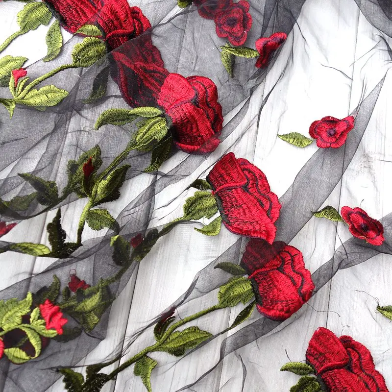 2 метра Розово-черной сетчатой вышитой кружевной ткани Цветочная отделка для ткани Материал вечернего платья Ширина 130 см
