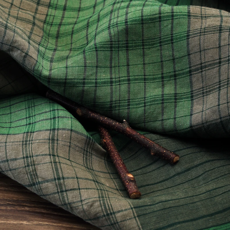 Высококачественная льняная ткань Зеленая полосатая решетчатая ткань Модная юбка материал платья