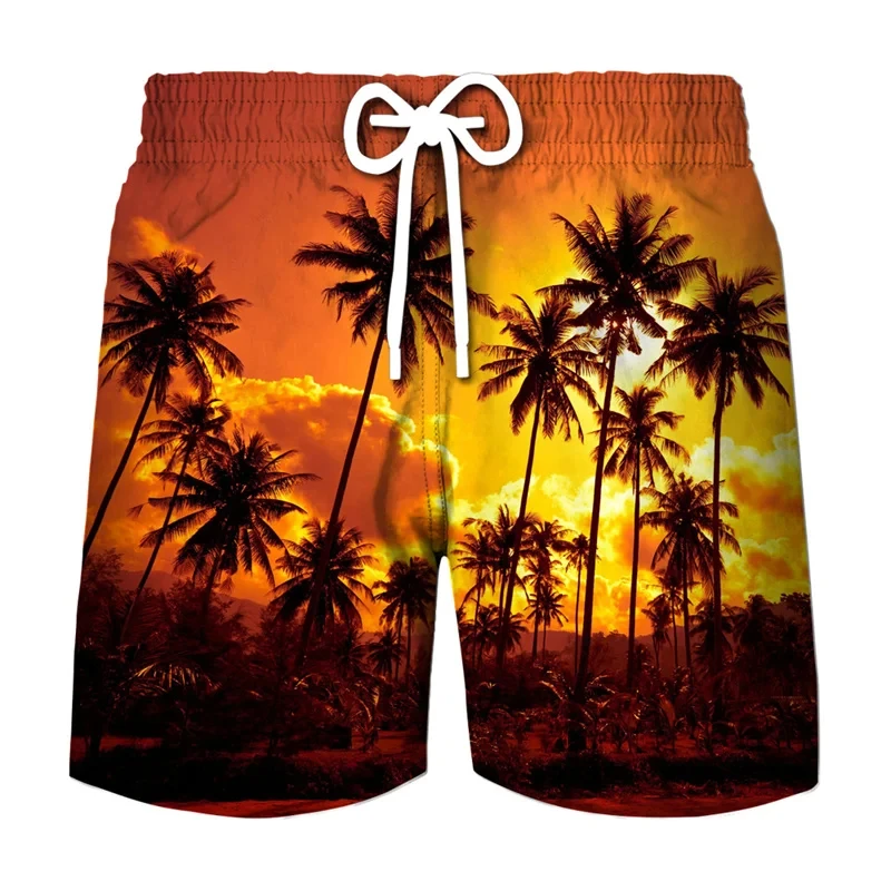 Гавайи, кокосовое дерево 3D печатных шорты природные пейзажи на закате стволы графические моды серфинг отдыха мужские пляжные короткие плавки