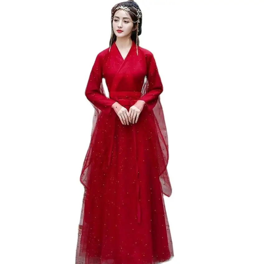 Китайские традиционные танцевальные костюмы Восточное древнее красное платье Hanfu Женское элегантное сказочное народное представление Одежда