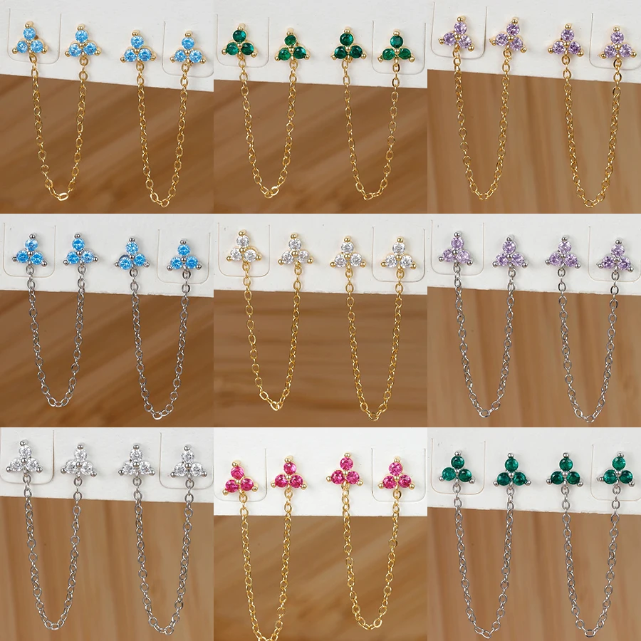 Модные Многоцветные серьги-цепочки с цветочным рисунком из циркония, Нержавеющая Сталь, CZ, Циркон, треугольные серьги-гвоздики, ювелирные изделия