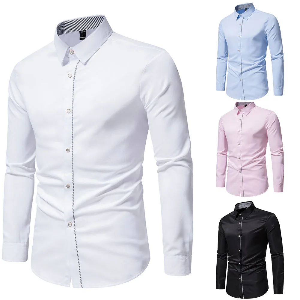 Мужская однотонная рубашка, повседневная блузка на пуговицах с длинным рукавом, рубашка с лацканами, осенняя мужская официальная деловая рубашка, мужская одежда