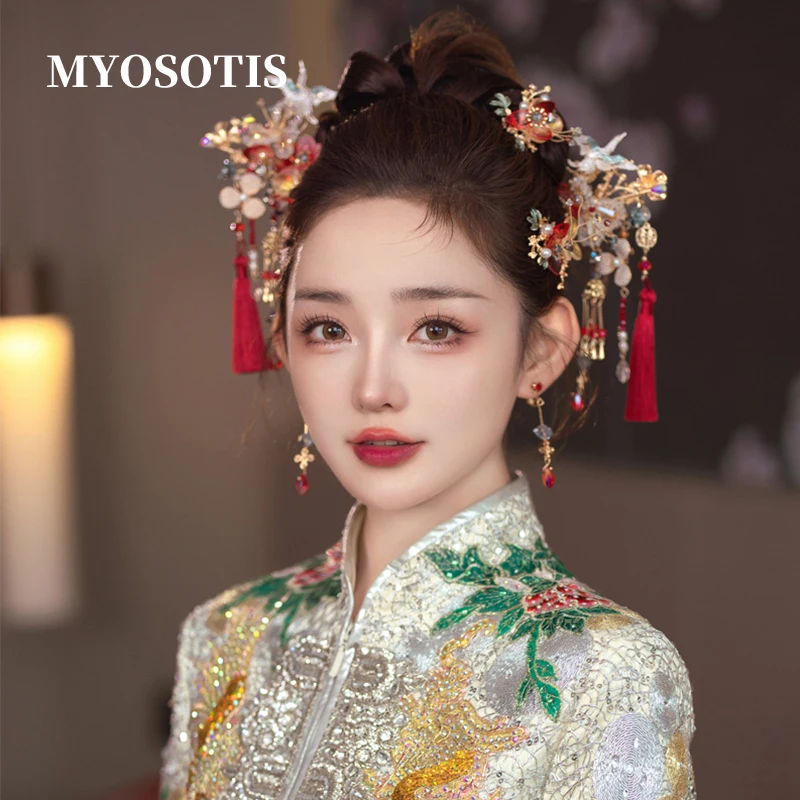 Новая китайская красная простая свадебная заколка ручной работы для волос Dragon Phoenix Xiuhe Dress