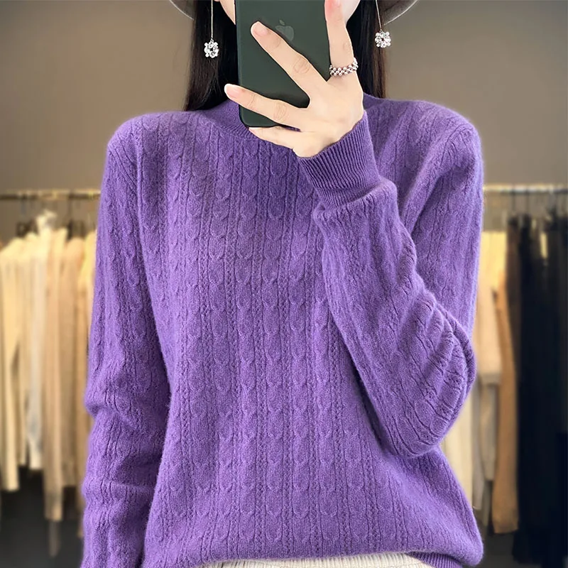 Осенне-зимний новый 100% Шерстяной кашемировый свитер, Женский пуловер с полувысоким воротником, повседневный вязаный Корейский свободный модный топ